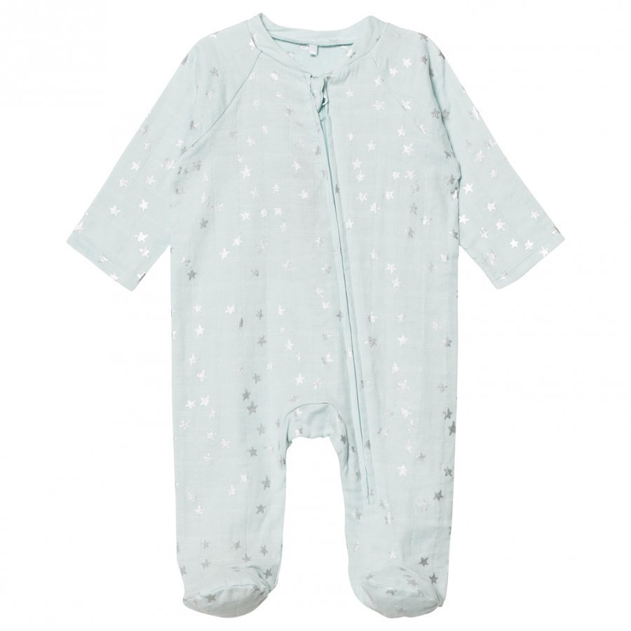 Aden + Anais Pale Blue With Silver Stars Long Sleeve Zipper Metallic Babygrow Body