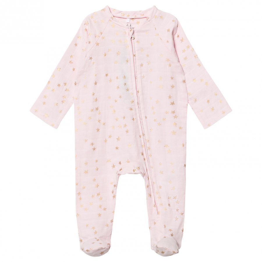 Aden + Anais Pale Pink With Gold Star Long Sleeve Zipper Metallic Babygrow Body