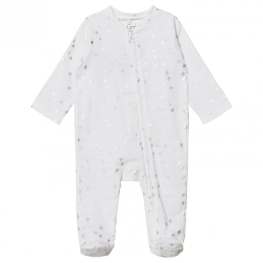 Aden + Anais White Silver Star Metallic Footed Baby Body