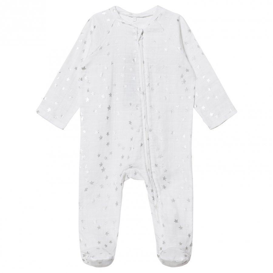 Aden + Anais White Silver Star Metallic Footed Baby Body