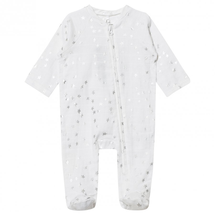 Aden + Anais White Silver Star Metallic Footed Baby Body