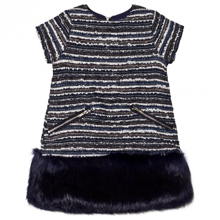 Andy & Evan Navy Multi Stripes Brocade Fur Dress Juhlamekko