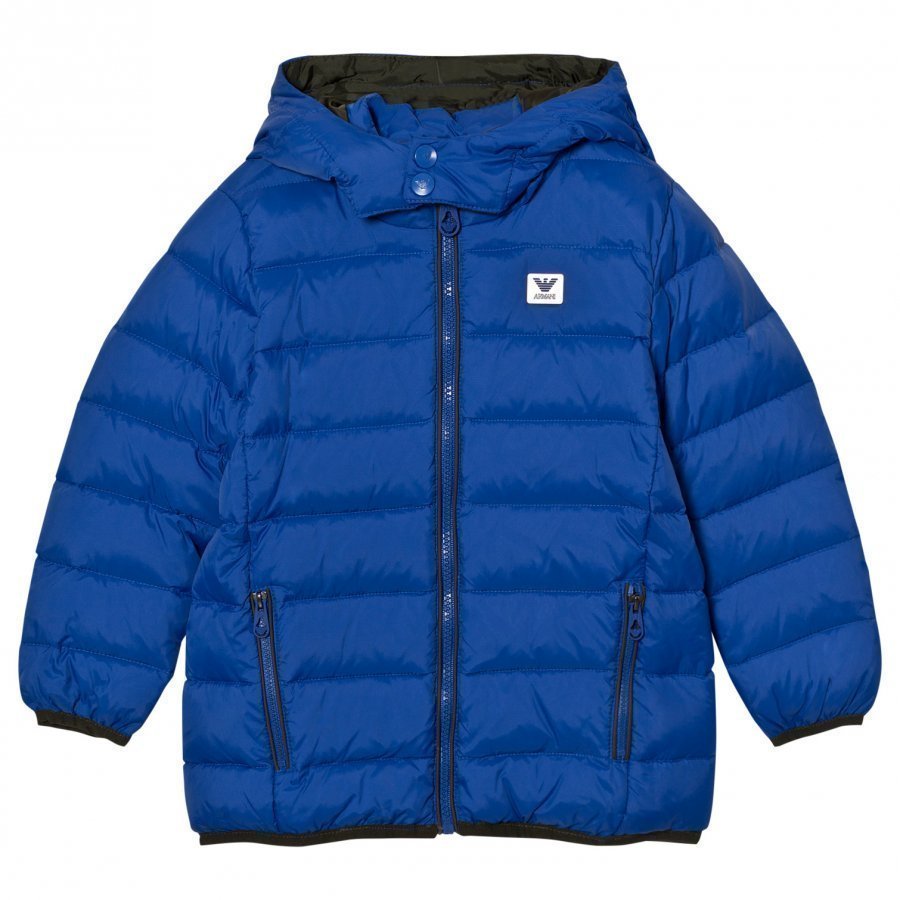 Armani Junior Blue Down Hooded Puffer Coat With Logo Toppatakki