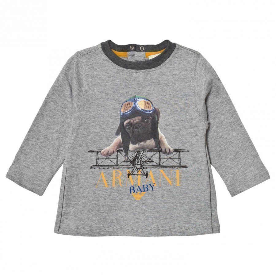 Armani Junior Grey Marl Flying Pug Print Tee T-Paita