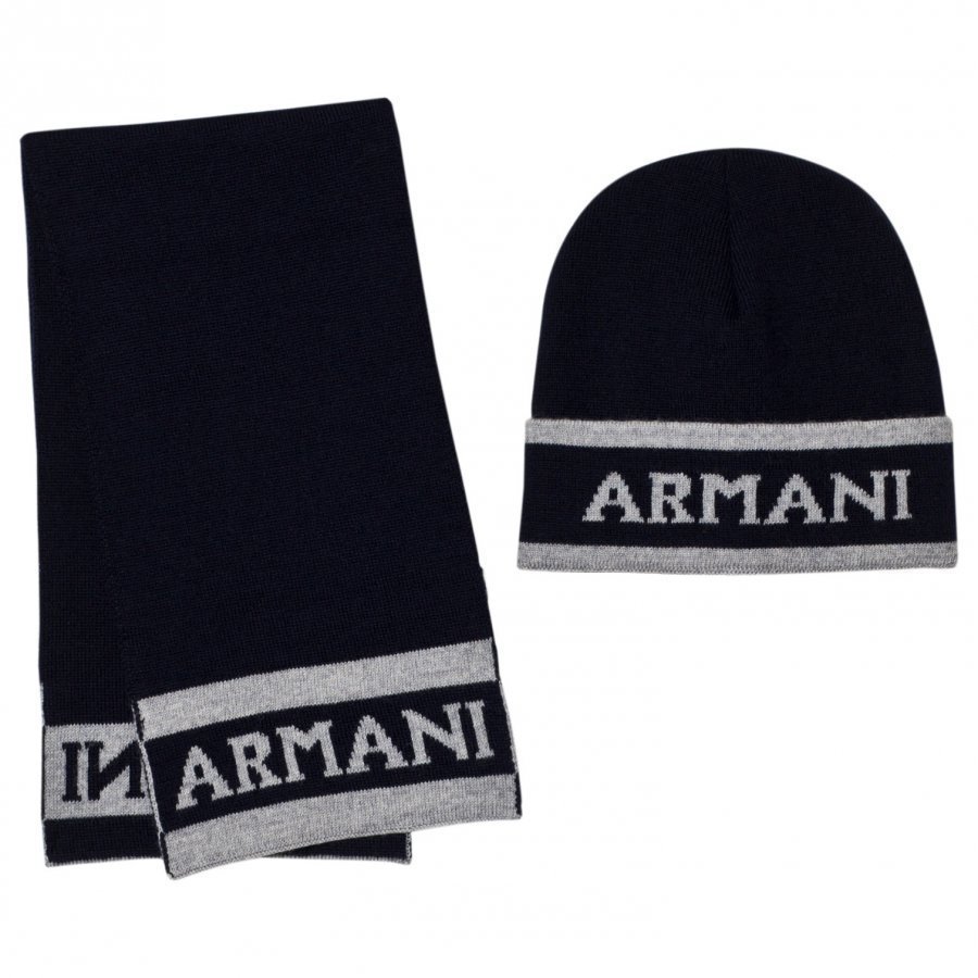 Armani Junior Navy And Grey Branded Hat And Scarf Set Asusetti