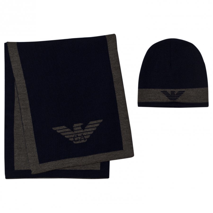 Armani Junior Navy And Grey Branded Hat And Scarf Set Lahjasetti