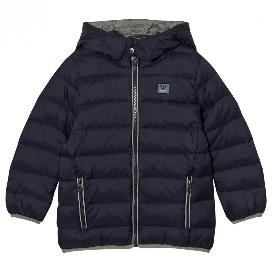 Armani Junior Navy Down Hooded Puffer Coat With Logo Toppatakki