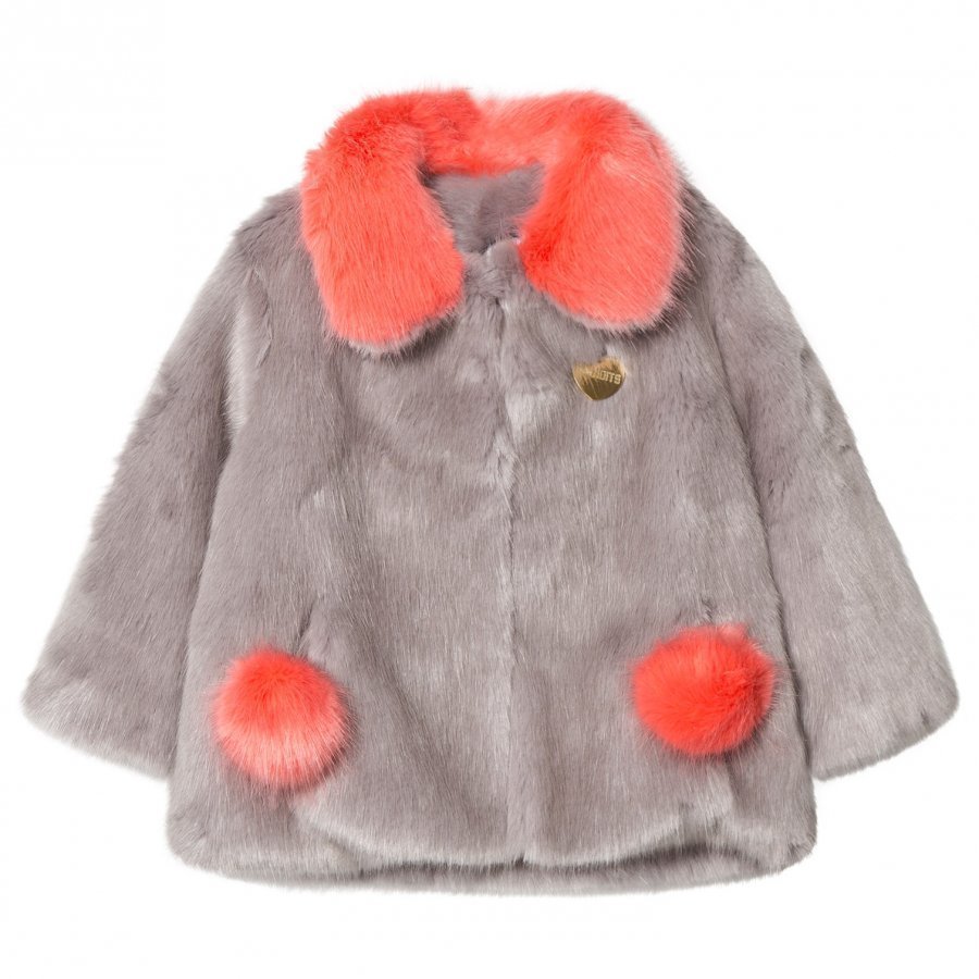 Bandit's Girl Grey/Coral Faux Fur Coat With Pom Pom Pockets Turkis