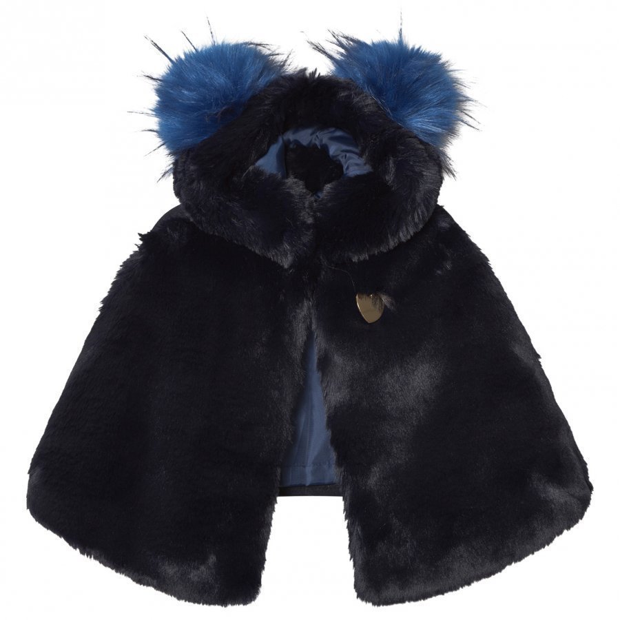 Bandit's Girl Navy Faux Fur Cape With Pom Pom Hood Viitta