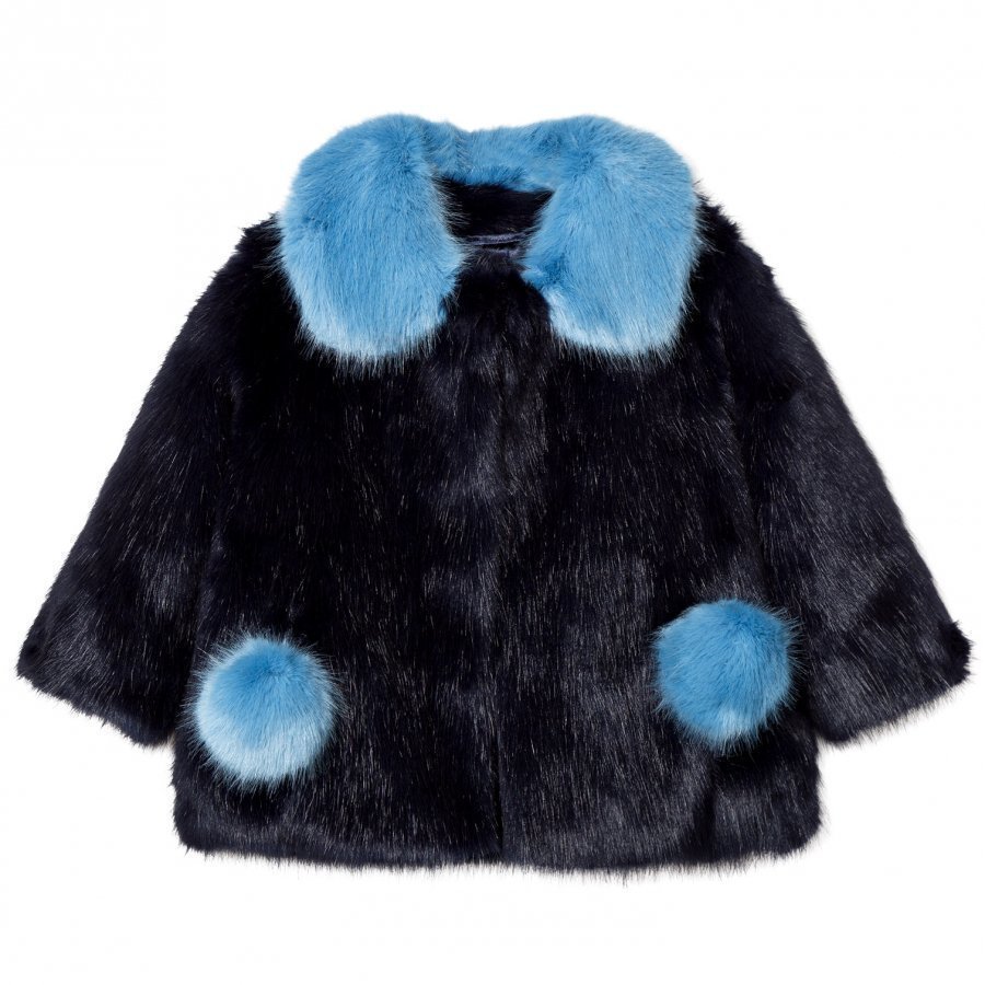 Bandit's Girl Navy/Blue Faux Fur Coat With Pom Pom Pockets Turkis