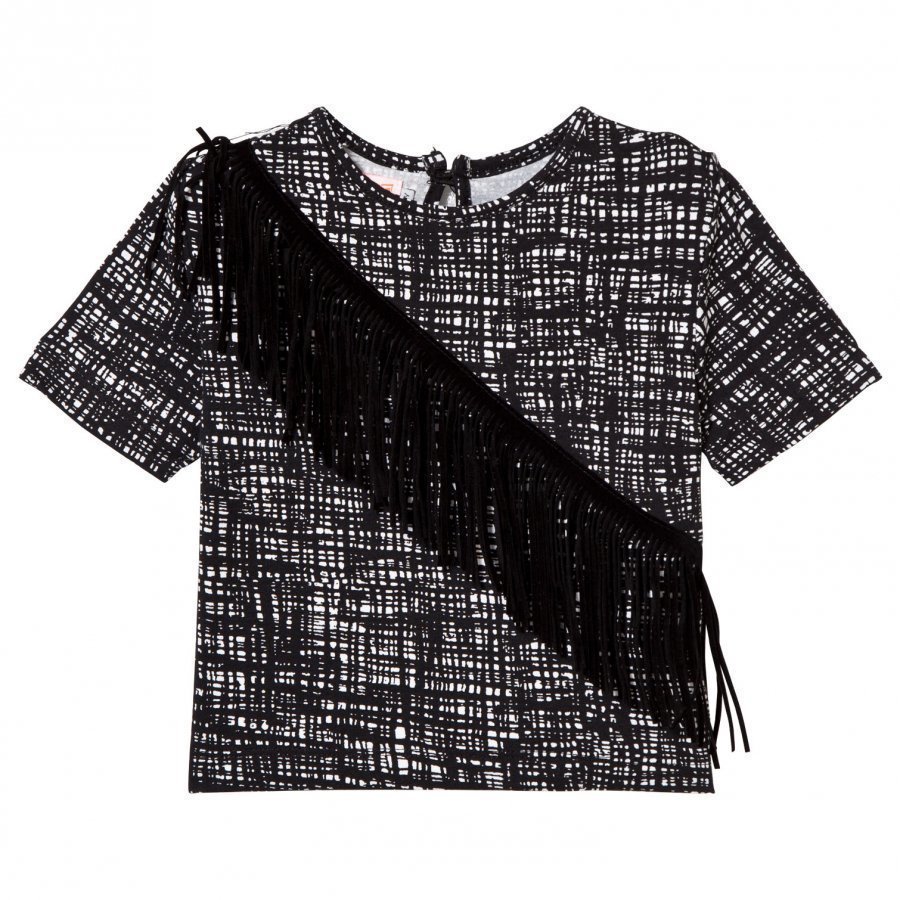 Bang Bang Copenhagen Black And White Grid Pony Tee With Black Fringing T-Paita