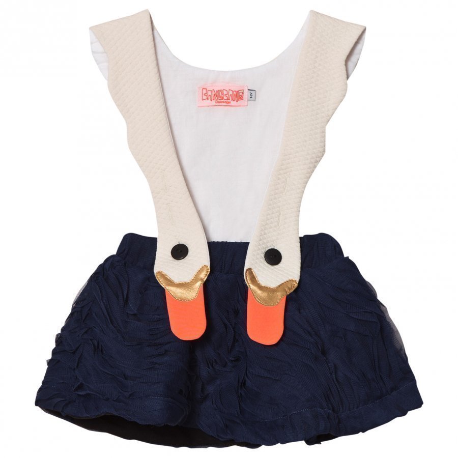 Bang Bang Copenhagen White/Navy Swan Bird Girl Ruffle Dress Juhlamekko