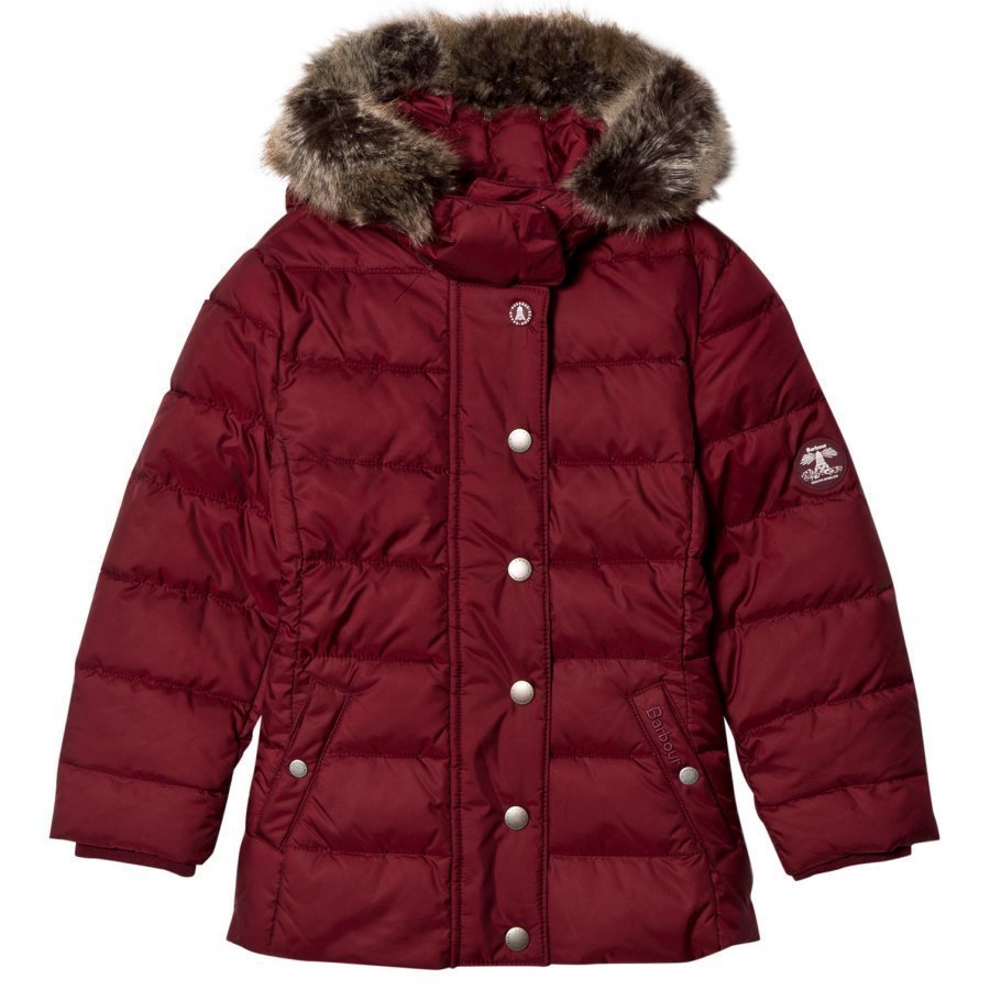 Barbour Carmine Long Line Puffer Coat With Detachable Faux Fur Hood Toppatakki