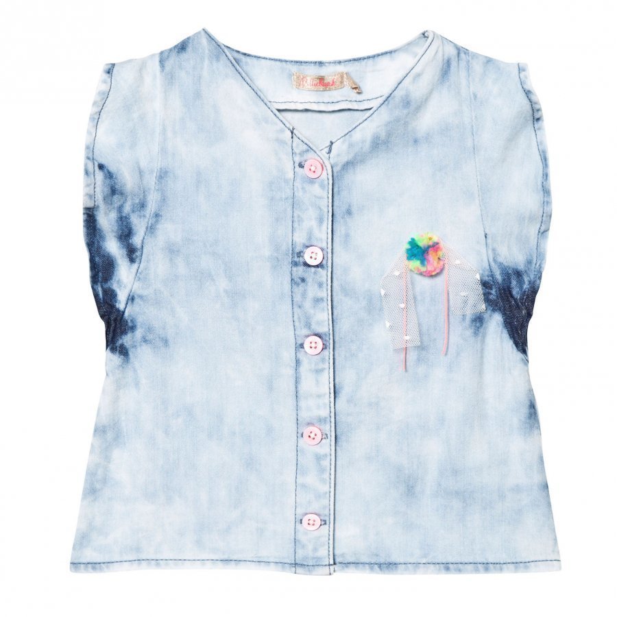 Billieblush Blue Acid Washed Denim Frill Top With Rainbow Pom Pom T-Paita