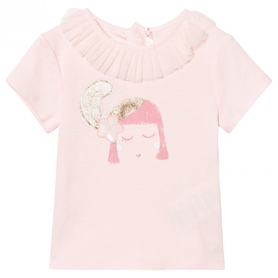 Billieblush Pale Pink Face Print Tee With Ruffle Tulle Collar T-Paita