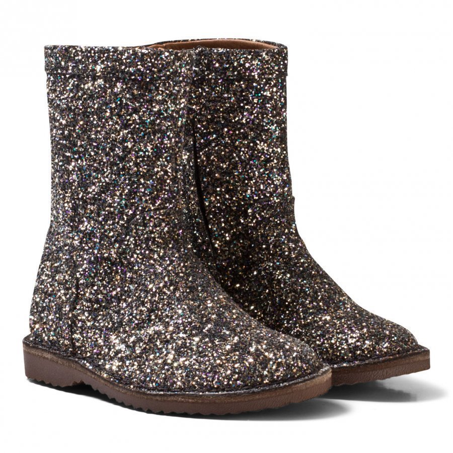 Bisgaard Black Glitter Leather Lined Boots Korkeavartiset Saappaat