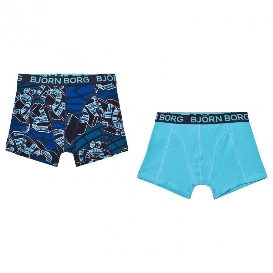 Bjorn Borg 2 Pack Of Blue Branded Print And Solid Trunks Bokserit