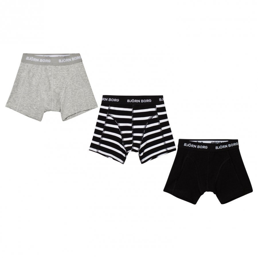 Bjorn Borg 3 Pack Of Black Grey And Stripe Trunks Bokserit