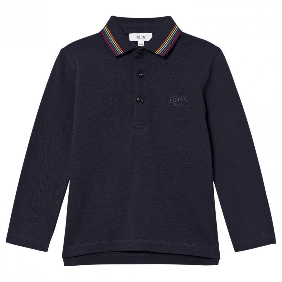 Boss Navy Long Sleeve Polo Multi Colour Collar T-Paita