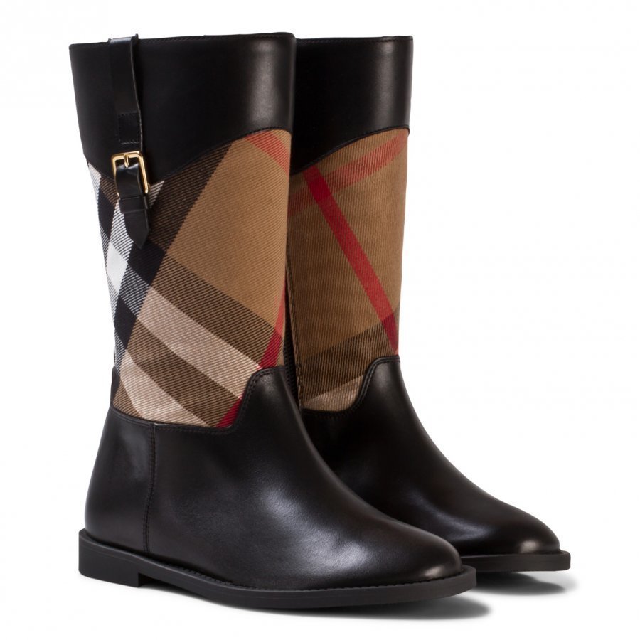 Burberry Black And Classic Check Mini Copse Leather Boots Korkeavartiset Saappaat