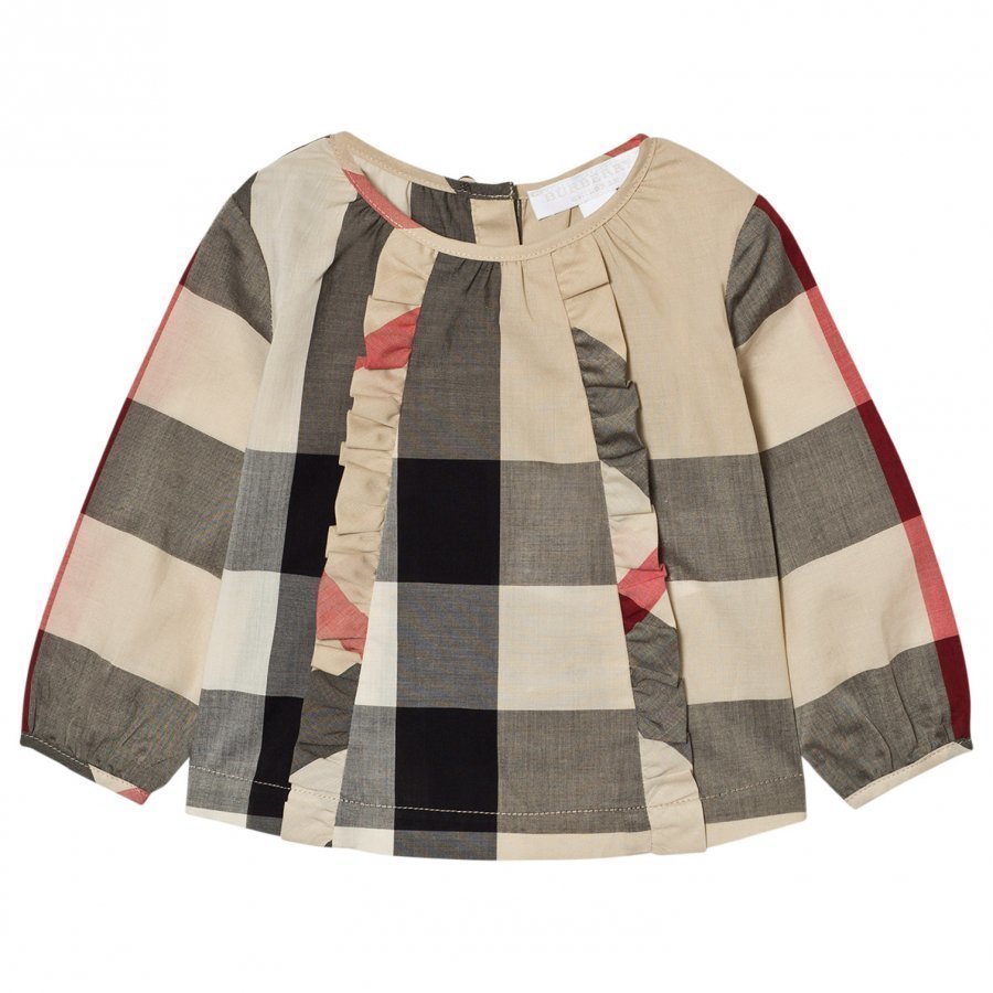 Burberry Ruffle Detail Check Cotton Top Beige Pusero