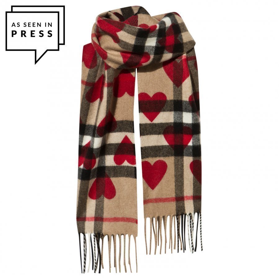 Burberry The Mini Classic Cashmere Scarf Check Hearts Parade Red Koristeellinen Huivi