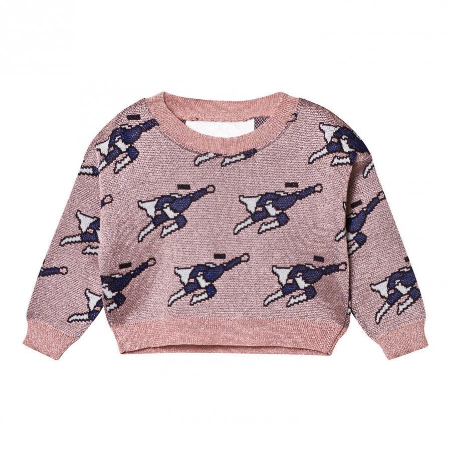 Caroline Bosmans Mode Hero Jacquard Knitted Cropped Sweater Superman Pink. Paita