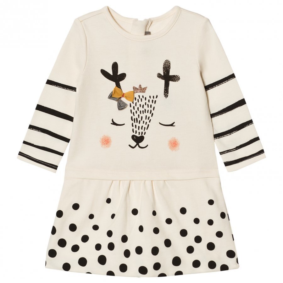 Catimini Cream Spot And Stripe Deer Print Jersey Dress Mekko