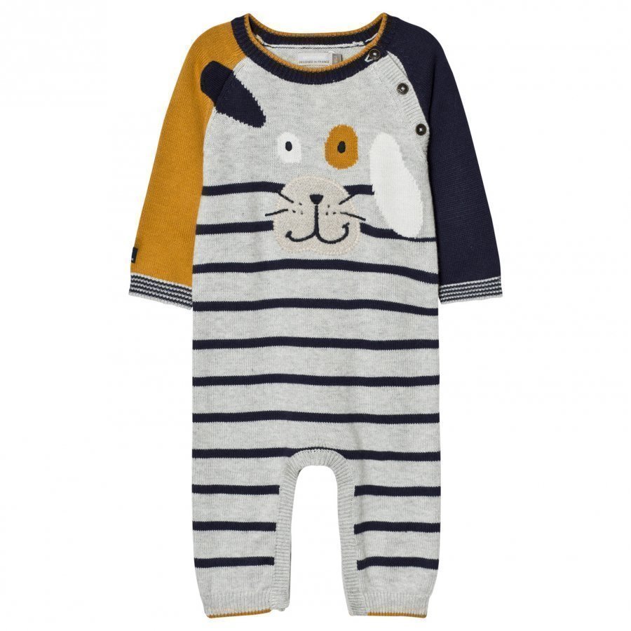 Catimini Grey And Mustard Strip Dog Applique Knit One-Piece Body