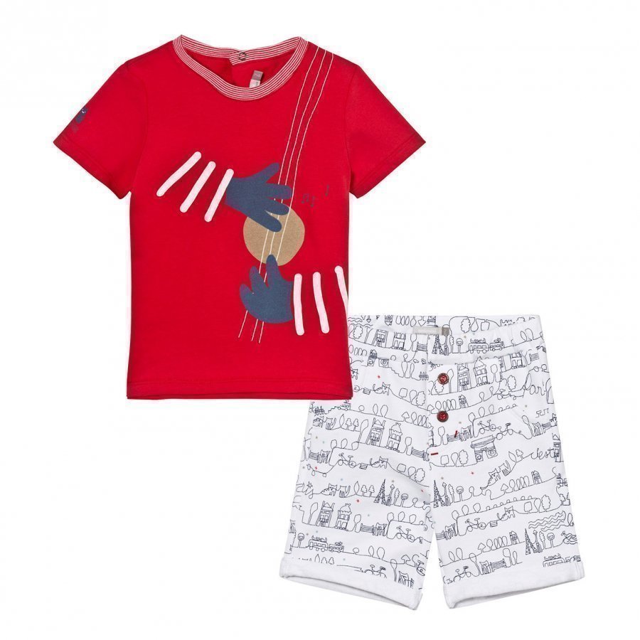 Catimini Tee And Shorts Set Red And White Paris Scribble Asusetti