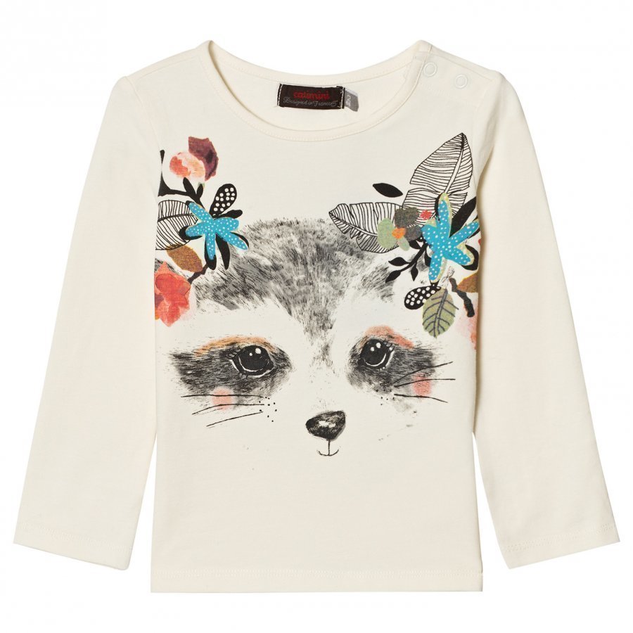 Catimini White Raccoon With Flowers Print Tee T-Paita