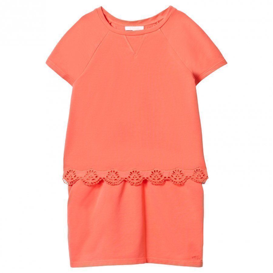 Chloé Embroidered Anglaise Detail Tiered Dress Apricot Juhlamekko