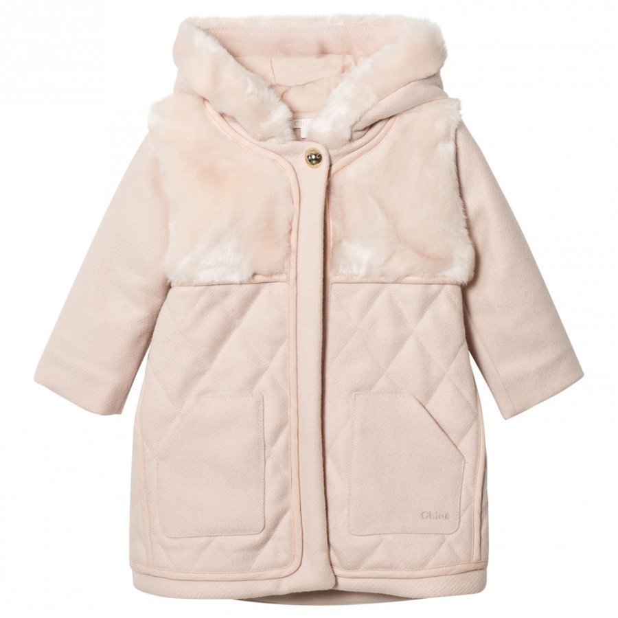 Chloé Pink Wool Quilted Faux Fur Hooded Coat Parkatakki