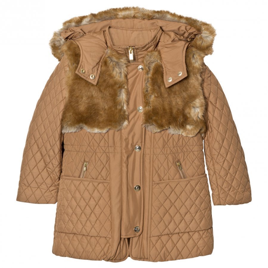 Chloé Tan Long Line Quilted Coat With Faux Fur Hood Toppatakki