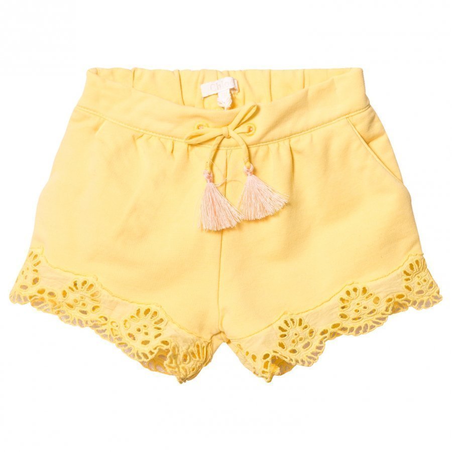 Chloé Yellow Broderie Anglaise Hem Shorts Juhlashortsit