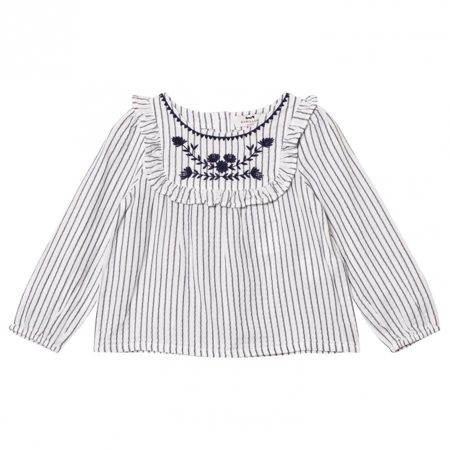 Cyrillus Navy And Cream Stripe Long Sleeve Blouse Kauluspaita