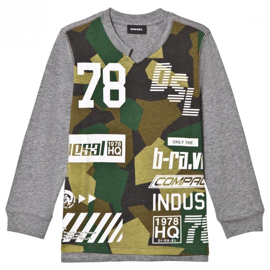 Diesel Long Sleeve Logo Print Tee Grey/Green Oloasun Paita