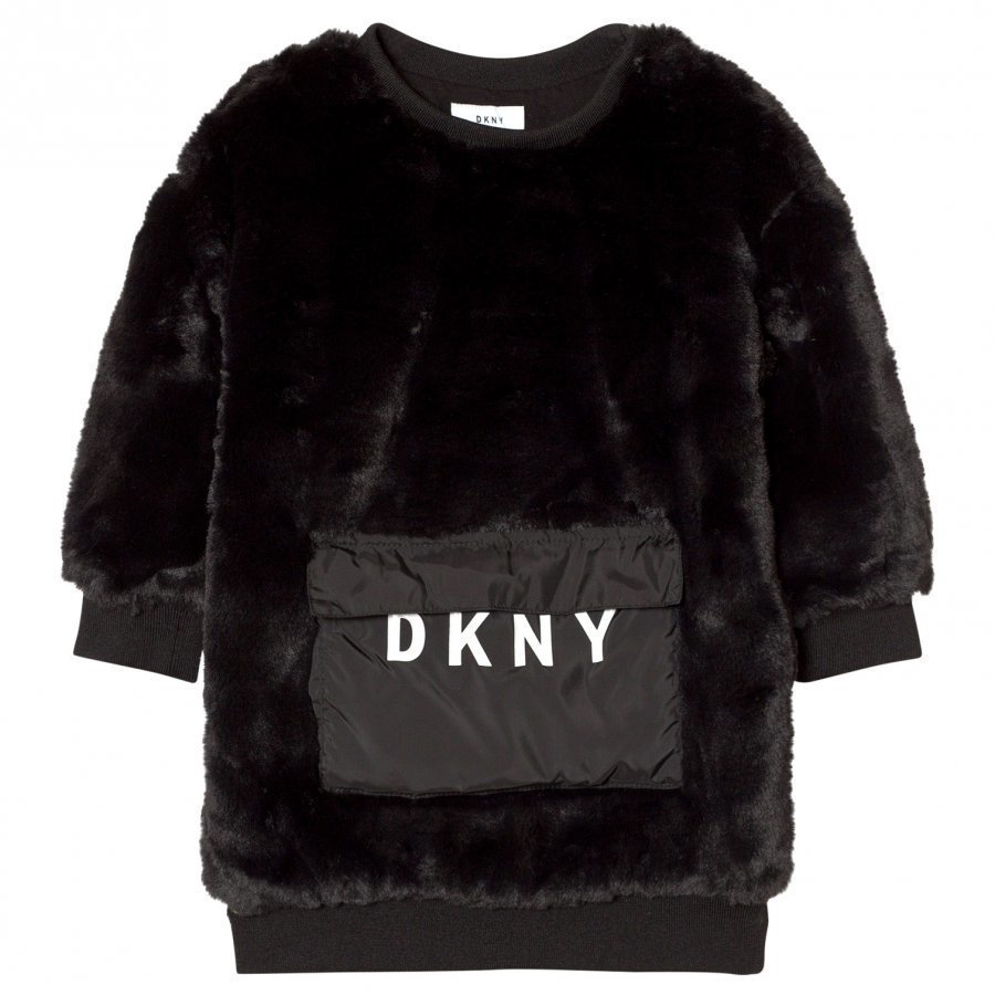 Dkny Black Faux Fur Dress With Branded Pocket Mekko