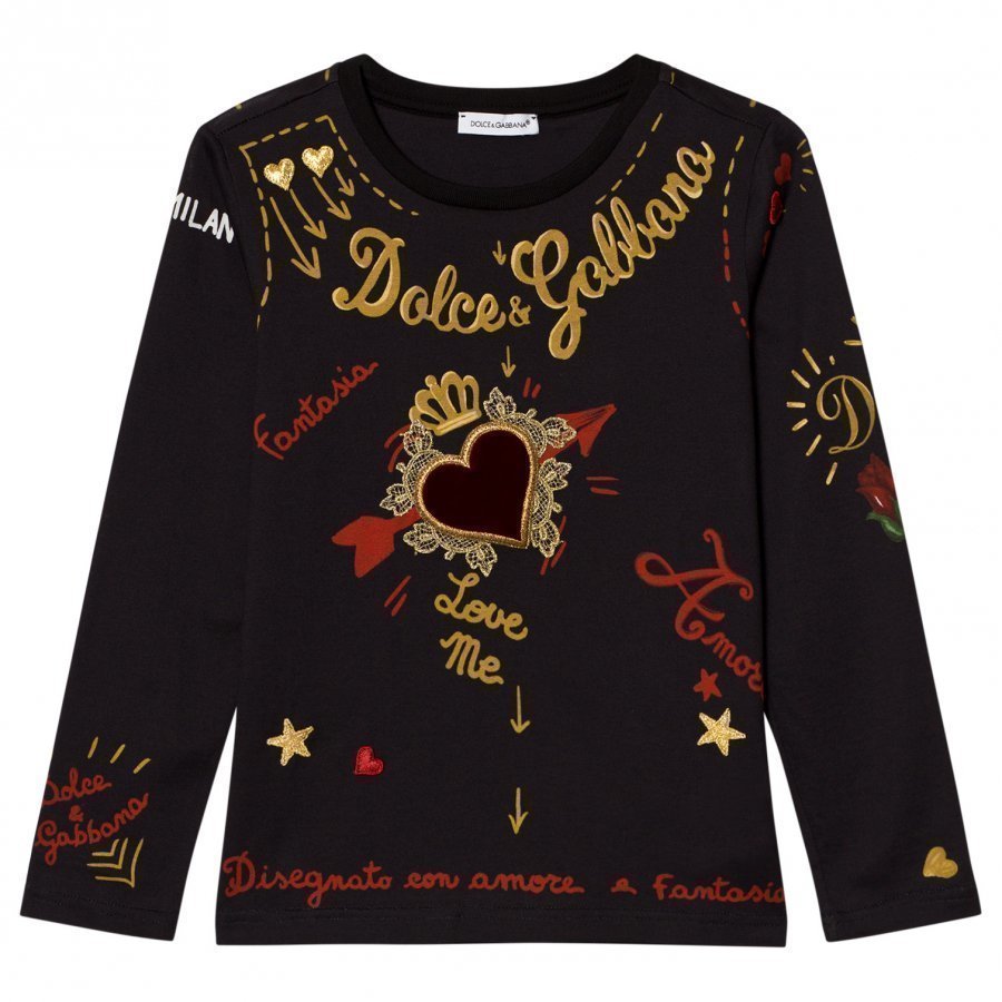 Dolce & Gabbana Black Heart Print Embroidered Tee T-Paita