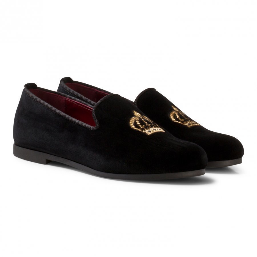 Dolce & Gabbana Black Velvet Crown Embroidered Slippers Loaferit