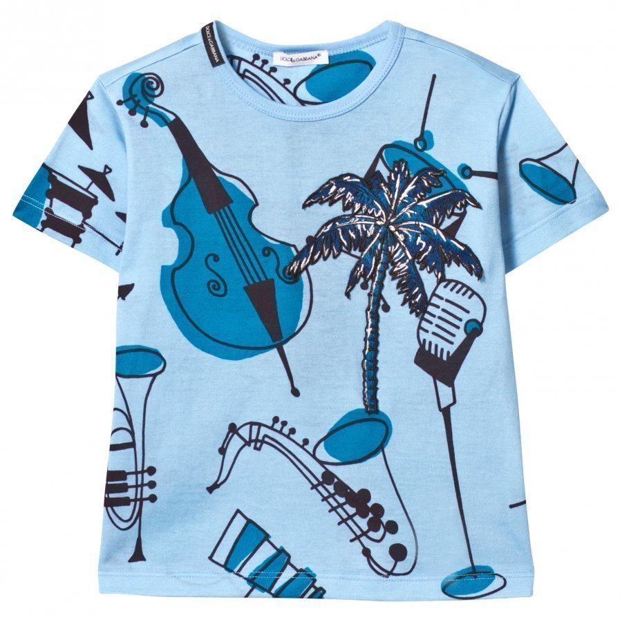 Dolce & Gabbana Blue Musical Instrument Print Tee With Palm Tree Applique T-Paita