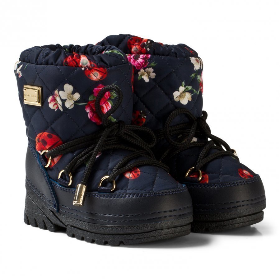 Dolce & Gabbana Navy Flower Print Snow Boots With Branded Plaque Talvisaappaat