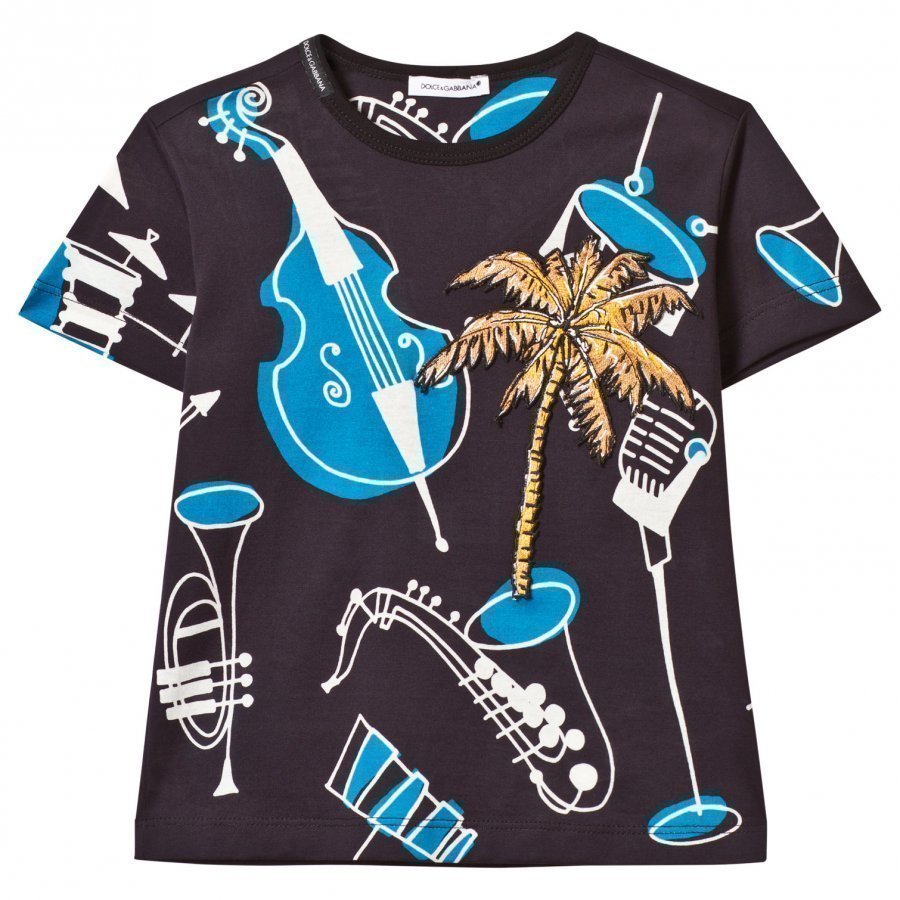 Dolce & Gabbana Navy Instrument Print And Palm Tree Applique Tee T-Paita