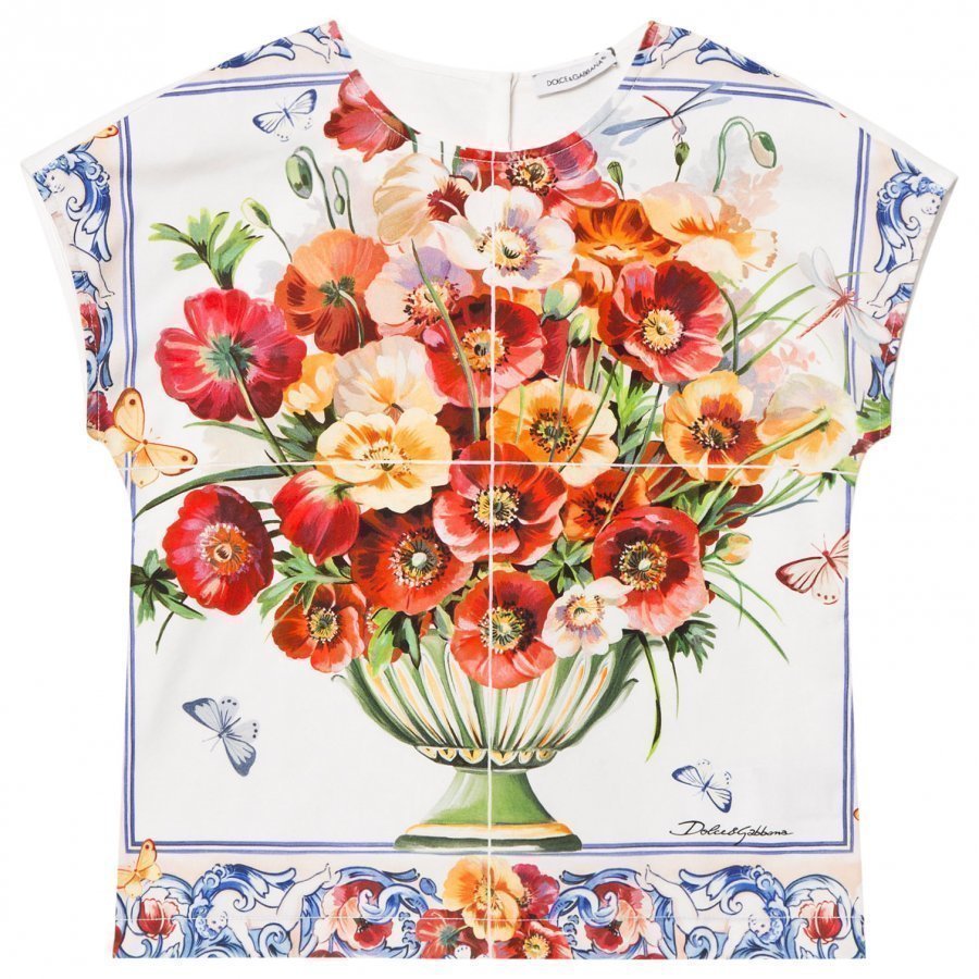 Dolce & Gabbana White And Pink Floral Print Jersey And Poplin Top T-Paita