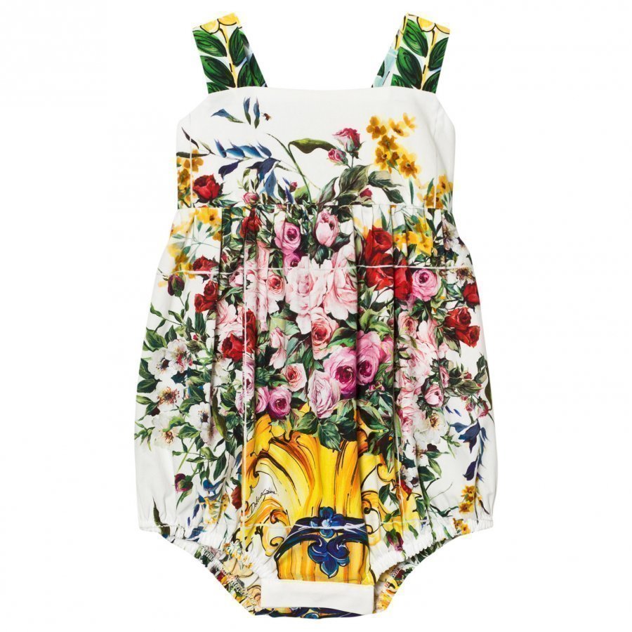 Dolce & Gabbana White And Pink Floral Print Majolica Romper Puku