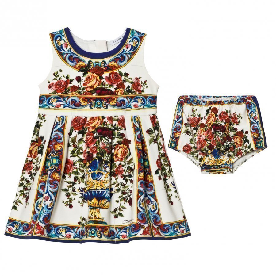 Dolce & Gabbana White Multi Majolica Print Dress Bloomers Set Juhlamekko