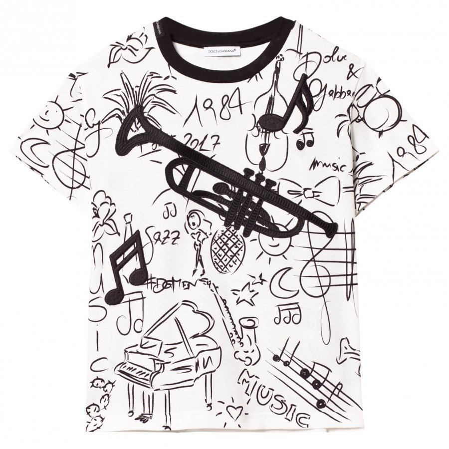 Dolce & Gabbana White Musical Instrument Tee With Trombone Appliqué T-Paita