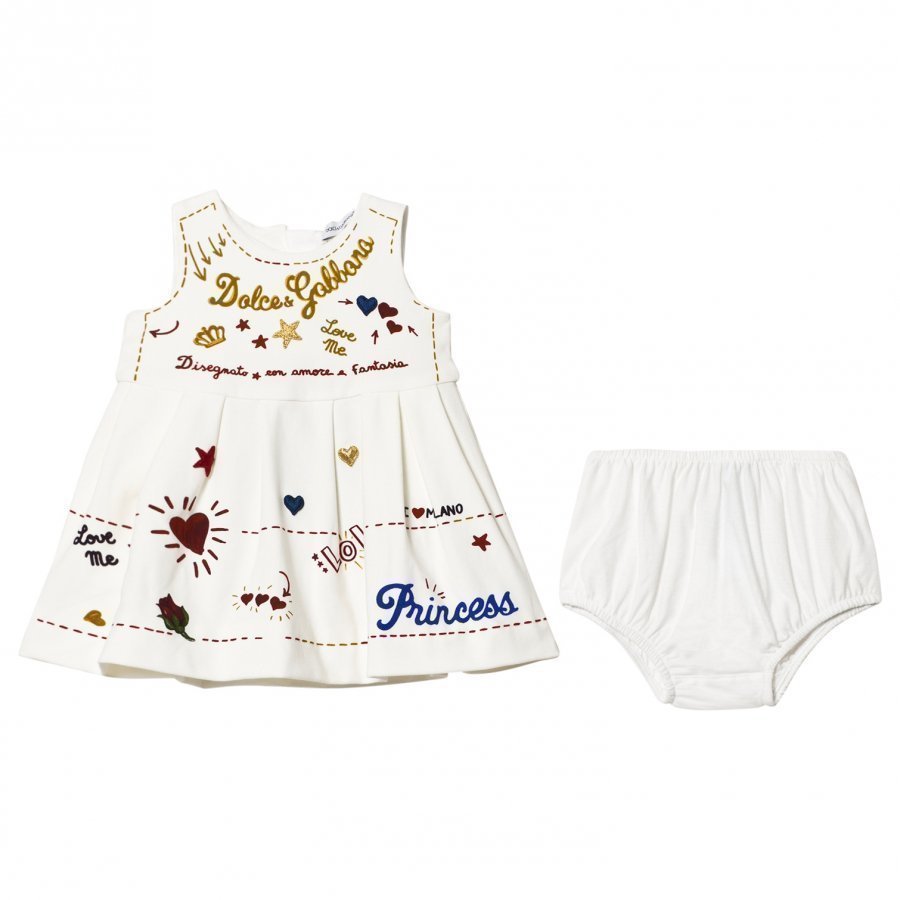 Dolce & Gabbana White Print And Applique Branded Dress And Knickers Set Juhlamekko