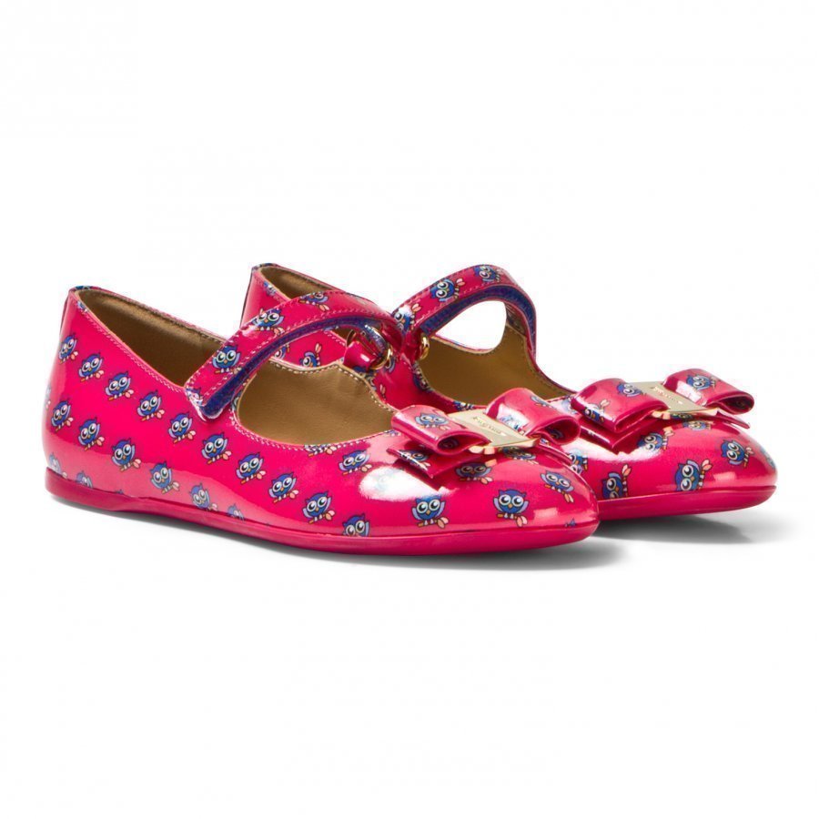 Ferragamo Pink Owl Print Mary Janes Ballerinat