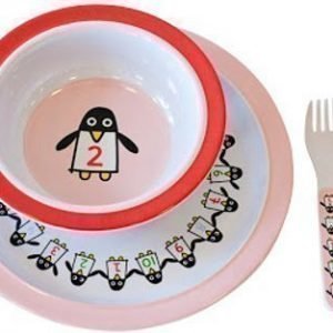 Färg & Form Penguin Pals Ruokailusetti melamiinia 4 osaa Vaaleanpun./Punainen